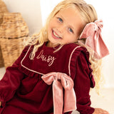 The Rosalie Personalised Burgundy Cord Dress With Blush Velvet Bow
