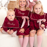 The Rosalie Personalised Burgundy Cord Dress With Blush Velvet Bow