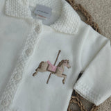 Luxury White Knitted Baby Cardigan with Personalised Horse Pink or Blue