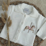 Luxury White Knitted Baby Cardigan with Personalised Horse Pink or Blue