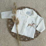 Luxury White Knitted Baby Cardigan with Personalised Horse Pink or Blue