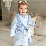 PRE ORDER Luxury Blue Safari Toile Baby Girls Dressing Gown with Frill Trim – Soft Cotton Summer Robe