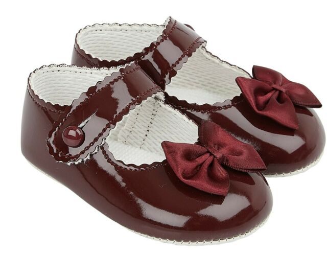 Baypods Patent Pram Shoes With Bow - Burgundy