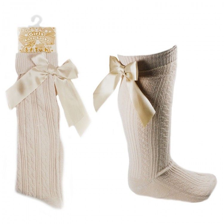 Soft Touch Girls Cotton Bow Knee Socks - Beige