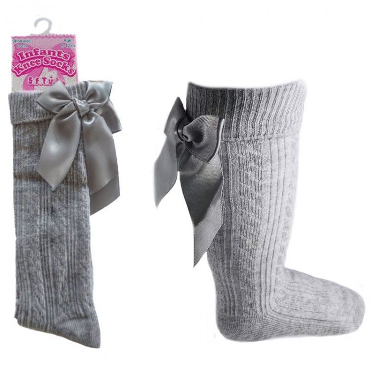 Soft Touch Girls Cotton Bow Knee Socks - Grey