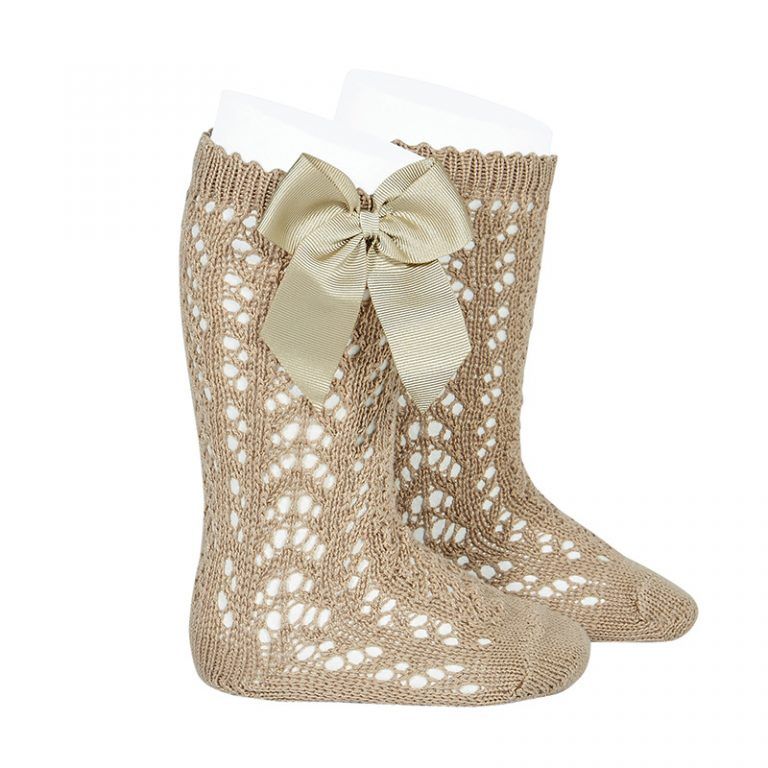 Condor Socks Girls Condor Perle Openwork Knee Sock With Bow - Camel