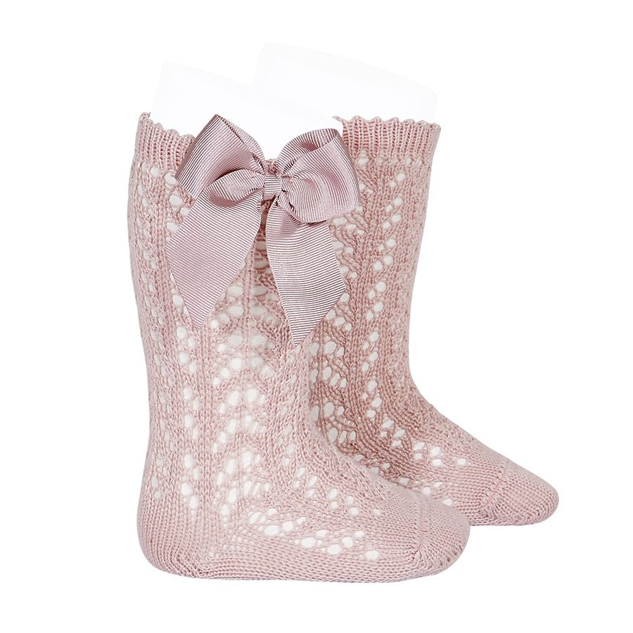 Condor Socks Girls Condor Perle Openwork Knee Sock With Bow - Dusky Pink
