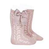 Condor Socks Girls Condor Perle Openwork Knee Sock With Bow - Dusky Pink