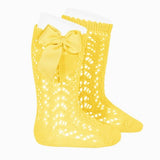 Condor Socks Girls Condor Perle Openwork Knee Sock With Bow - Lemon