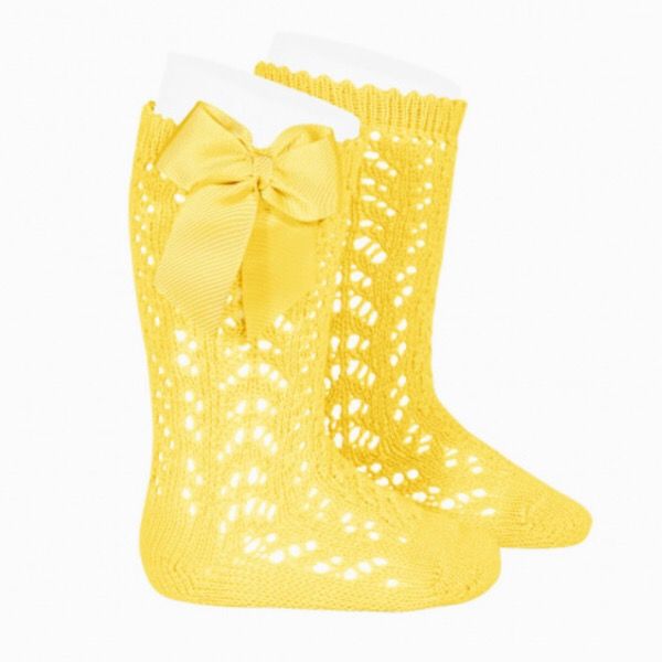 Condor Socks Girls Condor Perle Openwork Knee Sock With Bow - Lemon