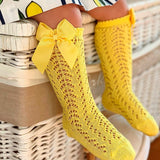 Condor Socks Girls Condor Perle Openwork Knee Sock With Bow - Lemon