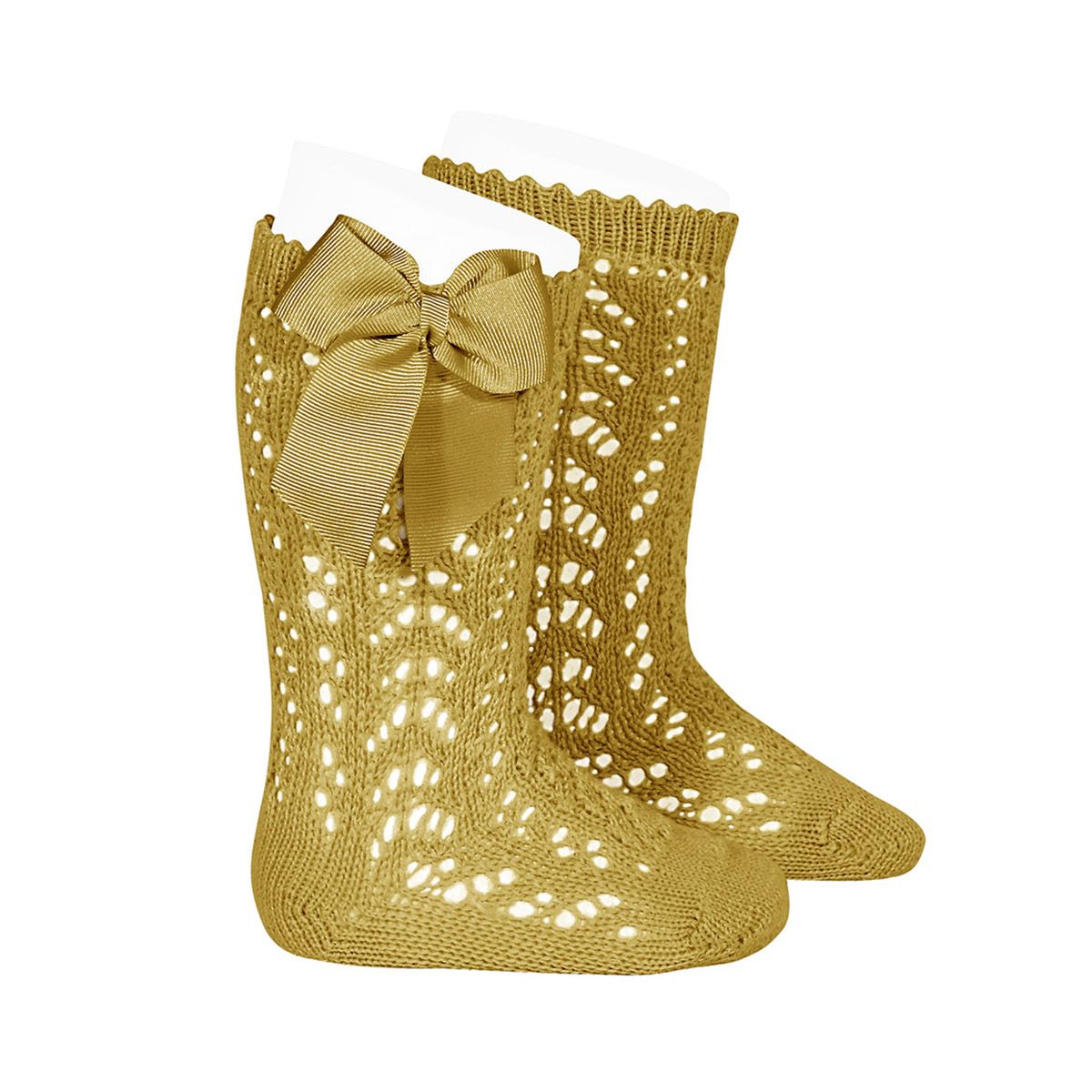 Condor Socks Girls Condor Perle Openwork Knee Sock With Bow - Mustard