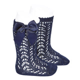 Condor Socks Girls Condor Perle Openwork Knee Sock With Bow - Navy