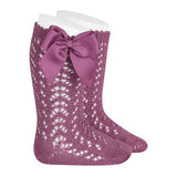 Condor Socks Girls Condor Perle Openwork Knee Sock With Bow - Plum