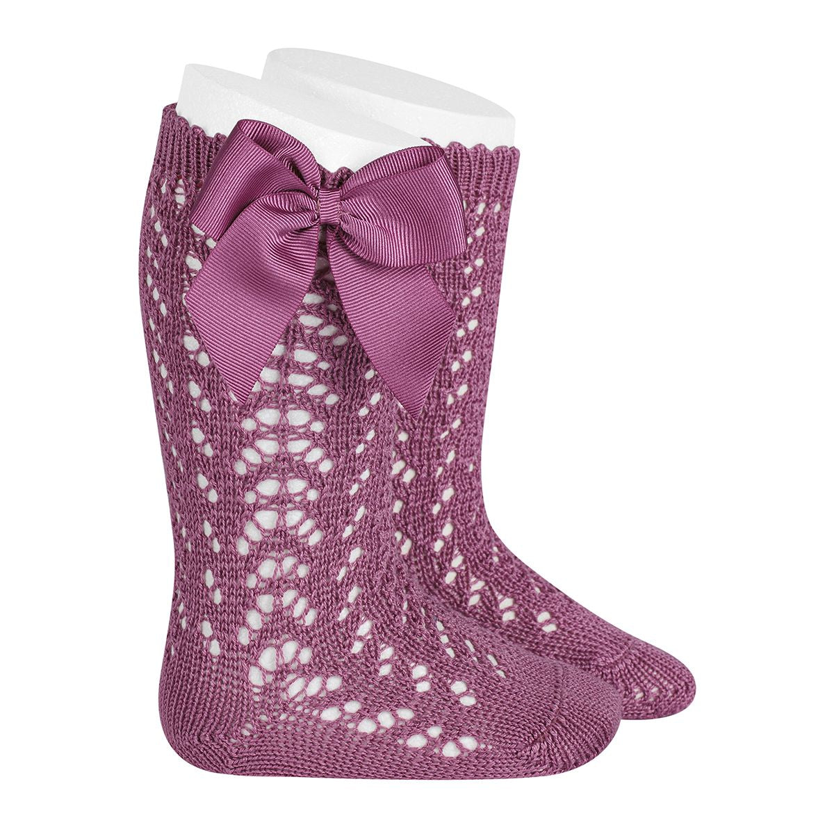 Condor Socks Girls Condor Perle Openwork Knee Sock With Bow - Plum