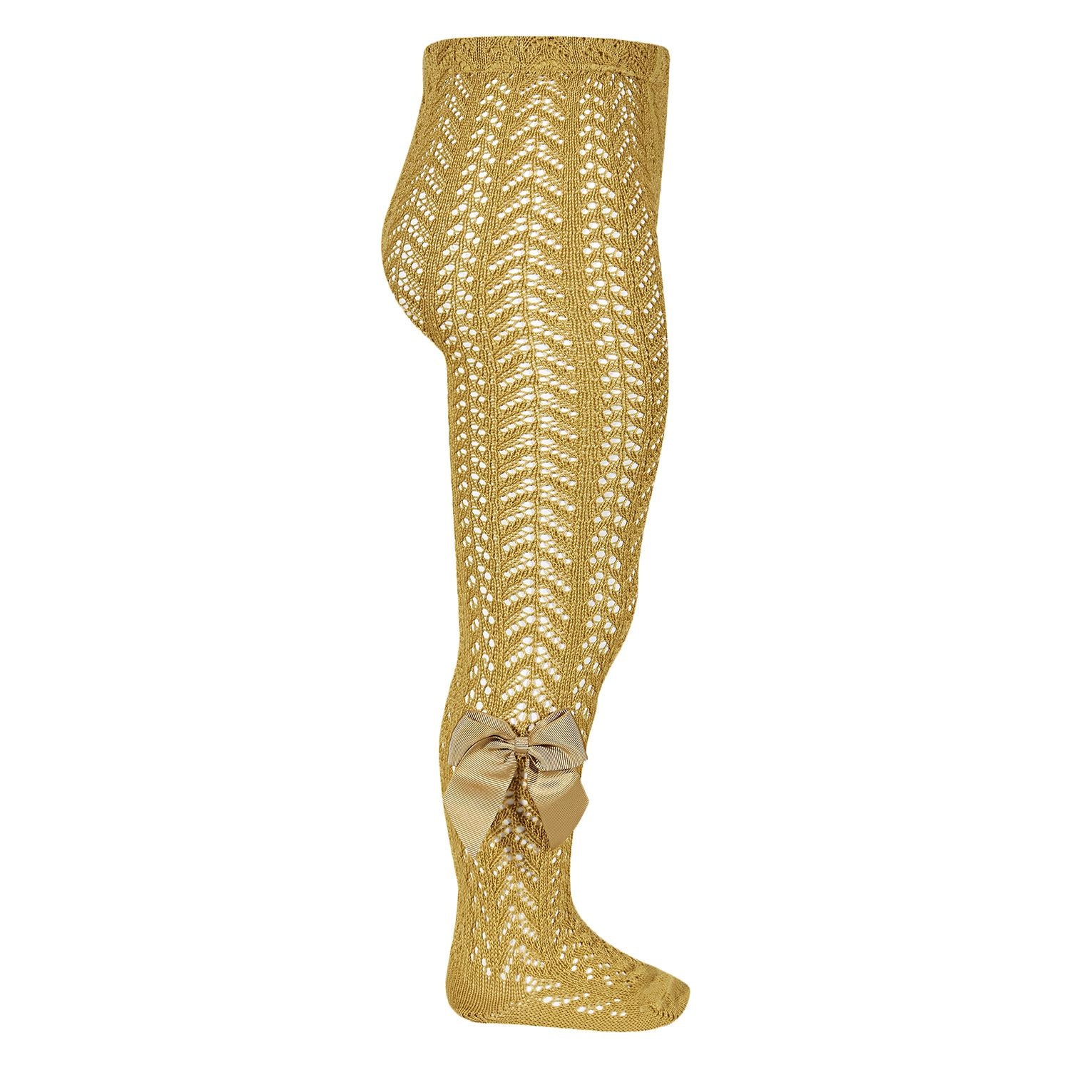 Condor Tights Girls Condor Perle Openwork Tights With Bow - Mustard