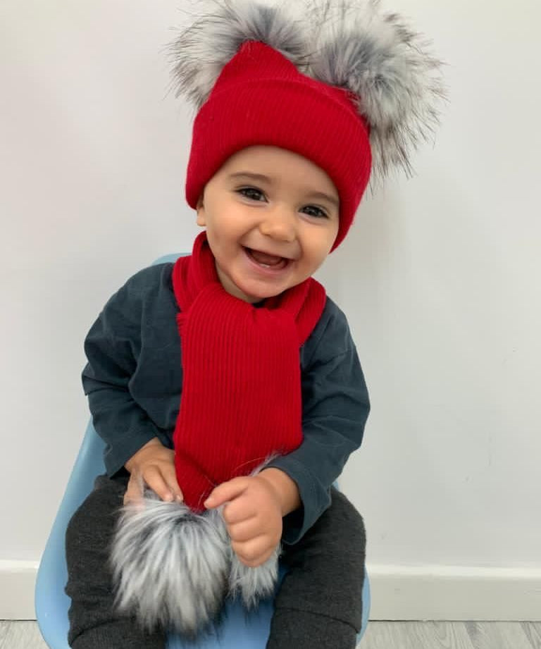 Perfect Little Thing Boys Red Raccoon Pom Pom Hat and Scarf Set