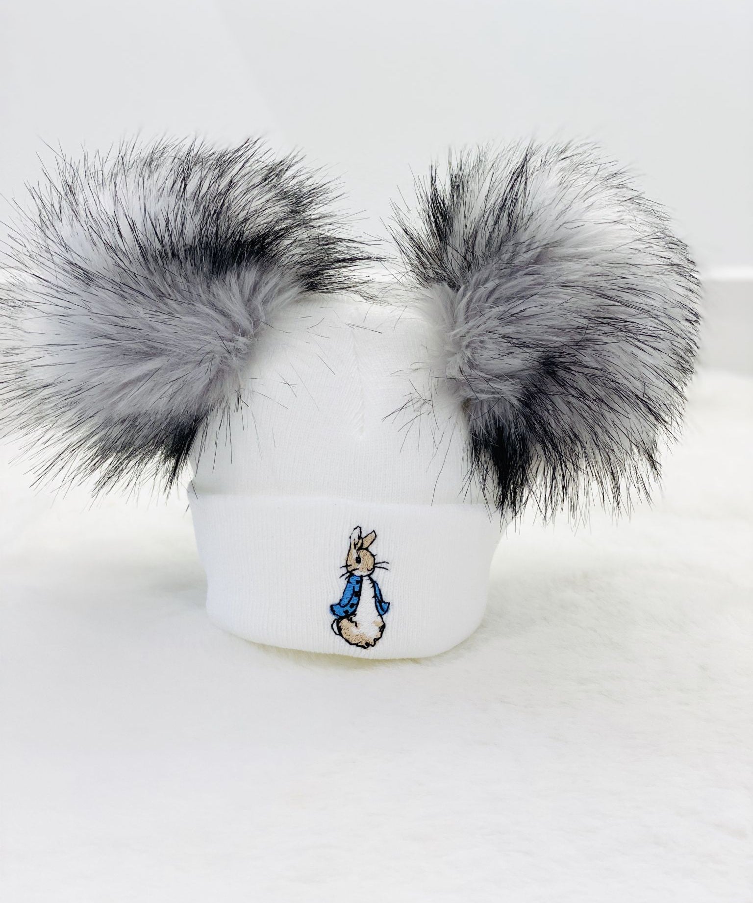 New Peter Rabbit Two Grey Pom White Hat