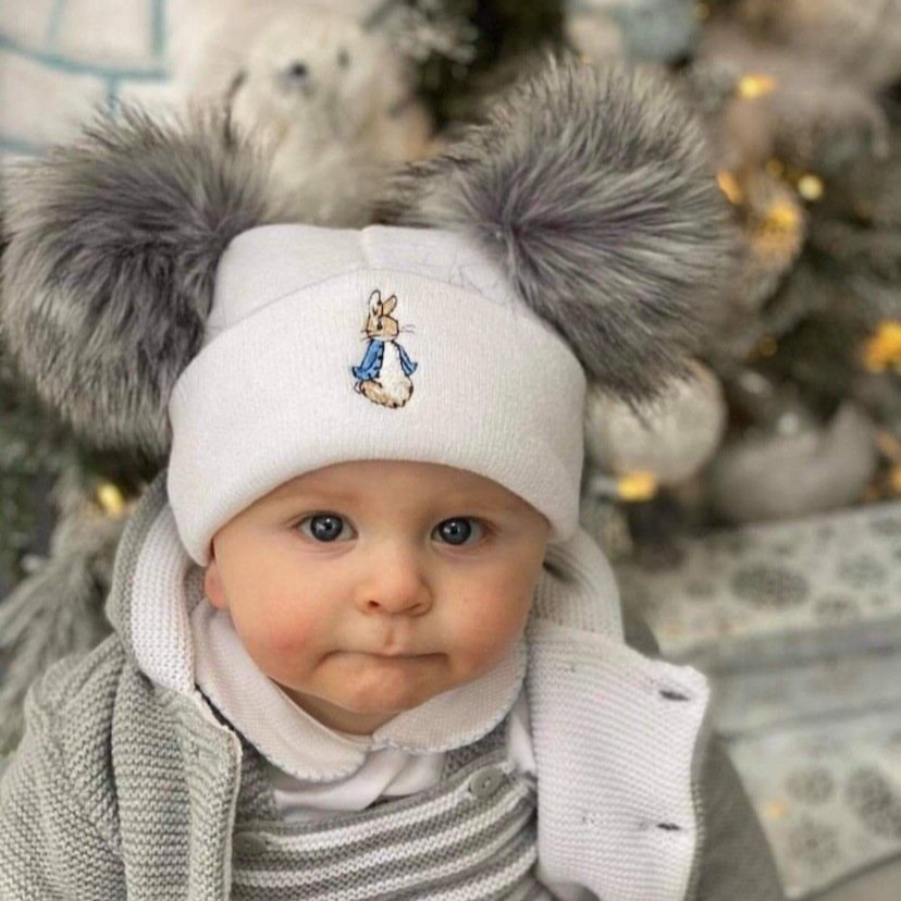 New Peter Rabbit Two Grey Pom White Hat