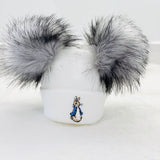 New Peter Rabbit Two Grey Pom White Hat