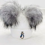 New Peter Rabbit Two Grey Pom White Hat