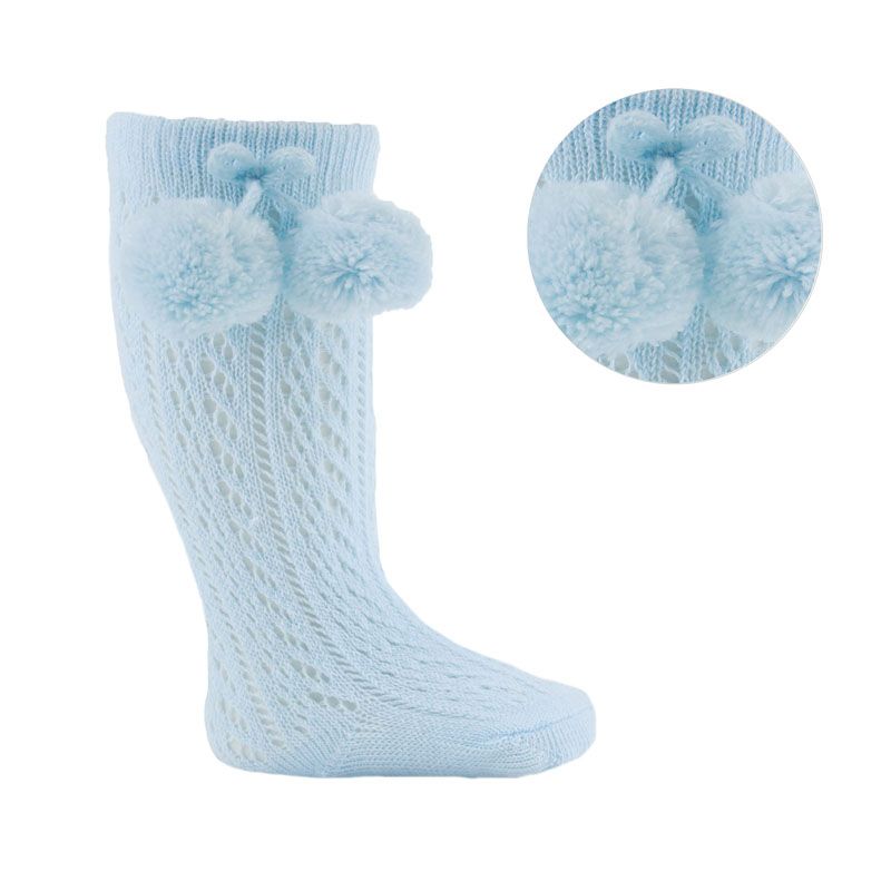 Soft Touch Blue Pelerine Pom Pom Knee Socks