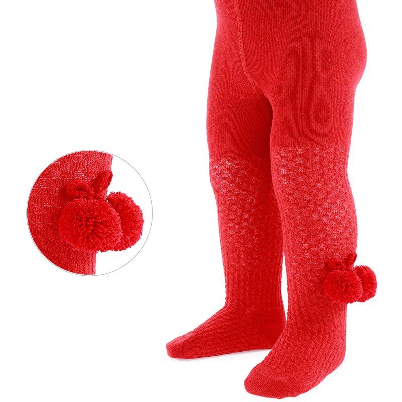 Soft Touch Red Pom Pom Tights With Pattern