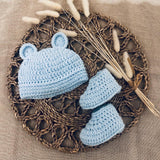 Perfect Little Thing - PRE ORDER Hand Made Aran Bear Hat and Booties Crochet - Blue