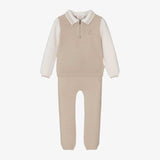 Caramelo Kids Boys Beige Knitted Zip Neck Polo Set