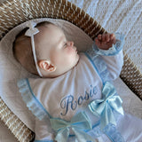 Perfect Little Thing Baby Girls Handmade Frill Sleepsuit With Bib - Blue