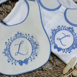 Boy's Blue Crest Handmade Sleepsuit And Bib