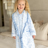 PRE ORDER Luxury Blue Safari Toile Baby Girls Dressing Gown with Frill Trim – Soft Cotton Summer Robe
