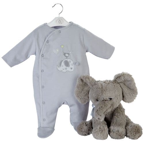 Dandelion Elephant And Bird With Balloon Sleepsuit - Grey