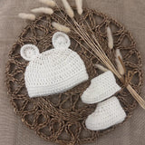 Perfect Little Thing - PRE ORDER Hand Made Aran Bear Hat and Booties Crochet - White