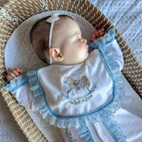 Perfect Little Thing Baby Girls Blue Handmade Frill Sleepsuit With Bib - Rocking Horse