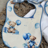 Boys White Teddy Balloon Handmade Sleepsuit And Bib