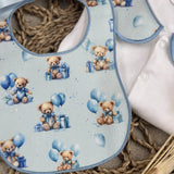 Boys Blue Teddy Balloon Handmade Sleepsuit And Bib