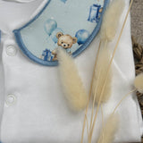 Boys Blue Teddy Balloon Handmade Sleepsuit And Bib