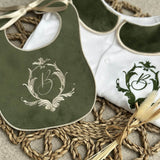 Boys Sage Green Crest Handmade Sleepsuit And Bib