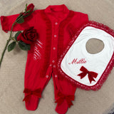 Perfect Little Thing Girls Handmade Red Frilly Sleepsuit & Bib