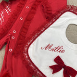 Perfect Little Thing Girls Handmade Red Frilly Sleepsuit & Bib