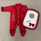 Perfect Little Thing Girls Handmade Red Frilly Sleepsuit & Bib