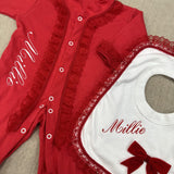 Perfect Little Thing Girls Handmade Red Frilly Sleepsuit & Bib