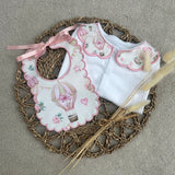 PERFECT LITTLE THING Girls Pink Hot Air Balloon Handmade Sleepsuit And Scallop Bib