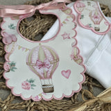 PERFECT LITTLE THING Girls Pink Hot Air Balloon Handmade Sleepsuit And Scallop Bib