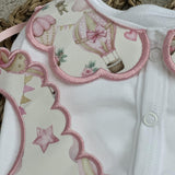 PERFECT LITTLE THING Girls Pink Hot Air Balloon Handmade Sleepsuit And Scallop Bib