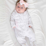 Perfect Little Thing Baby Girls Handmade Frill Sleepsuit With Bib - White