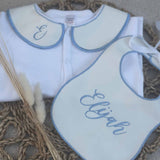 Perfect Little Thing Boys White & Blue Handmade Sleepsuit And Bib