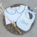 Perfect Little Thing Boys White & Blue Handmade Sleepsuit And Bib