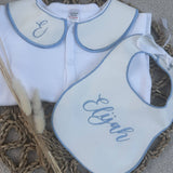 Perfect Little Thing Boys White & Blue Handmade Sleepsuit And Bib